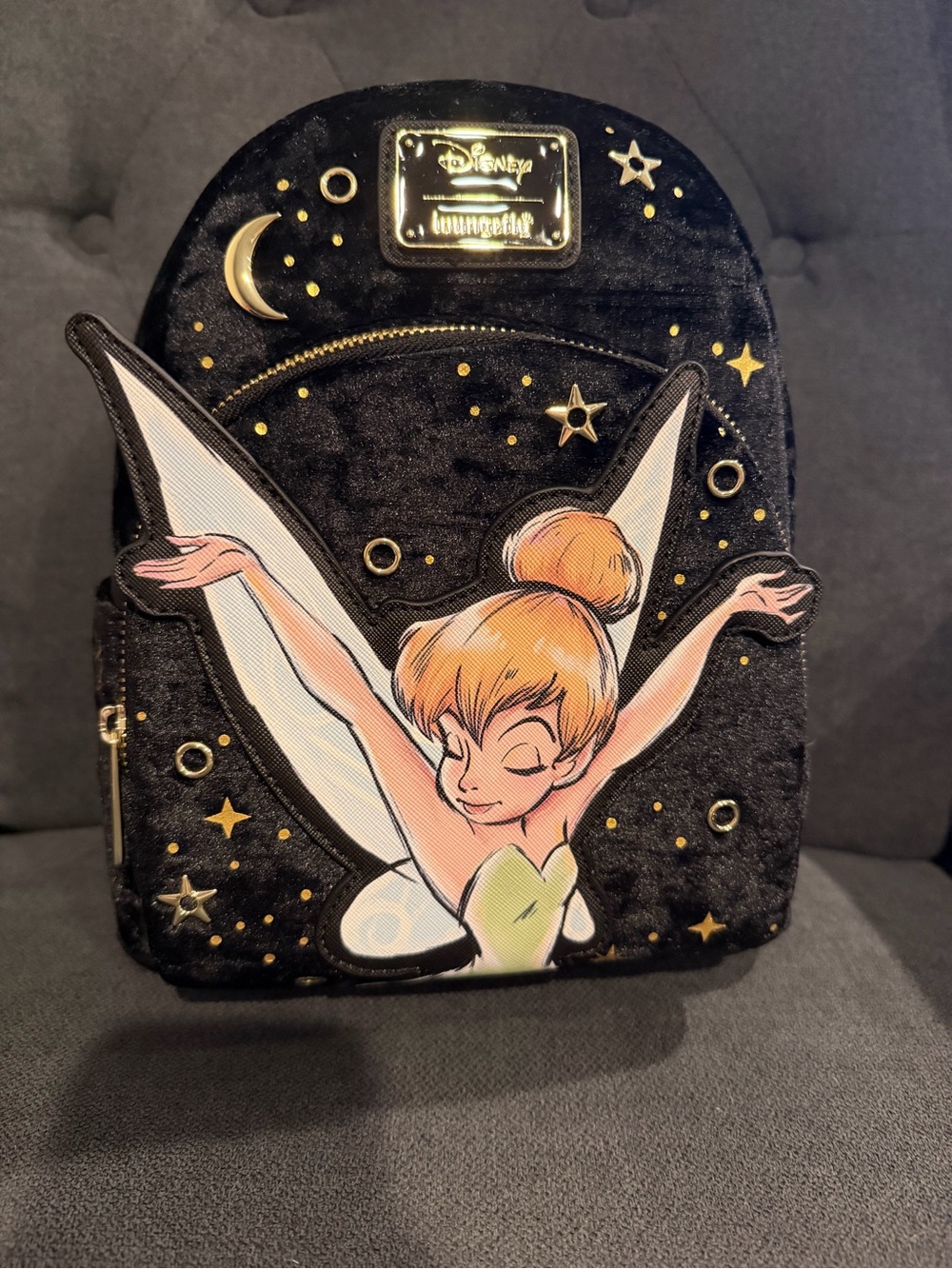 Loungefly Black Velvet Tinker Bell Mini Backpack with Gold Accents